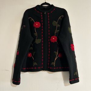 Tally Ho Wool Knit Zip Up Floral Embossed Cardigan Sweater Size Large